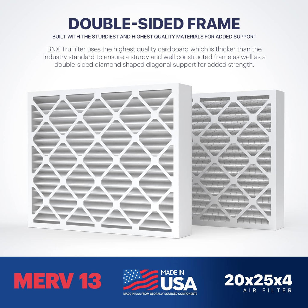 BNX TruFilter 16x25x4 (15.5’’ x 24.5’’ x 3.63‘’ Slim Fit) MERV 13 Air Filter (2-Pack) - MADE IN USA - Air Conditioner HVAC AC Furnace Filters Health, Allergies, Mold, Bacteria, Smoke, MPR 1900 FPR 10