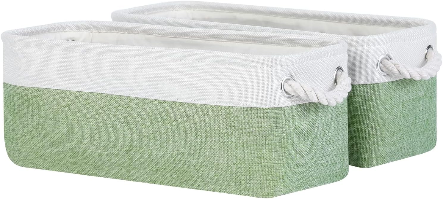 DULLEMELO Toilet Paper Storage Basket, Toilet Paper Basket for Back of Toilet, Bathroom Storage Basket for Cosmetics Towels Toilet Paper, Toilet Tank Basket with Rope Handles for Toilet(White&Green)