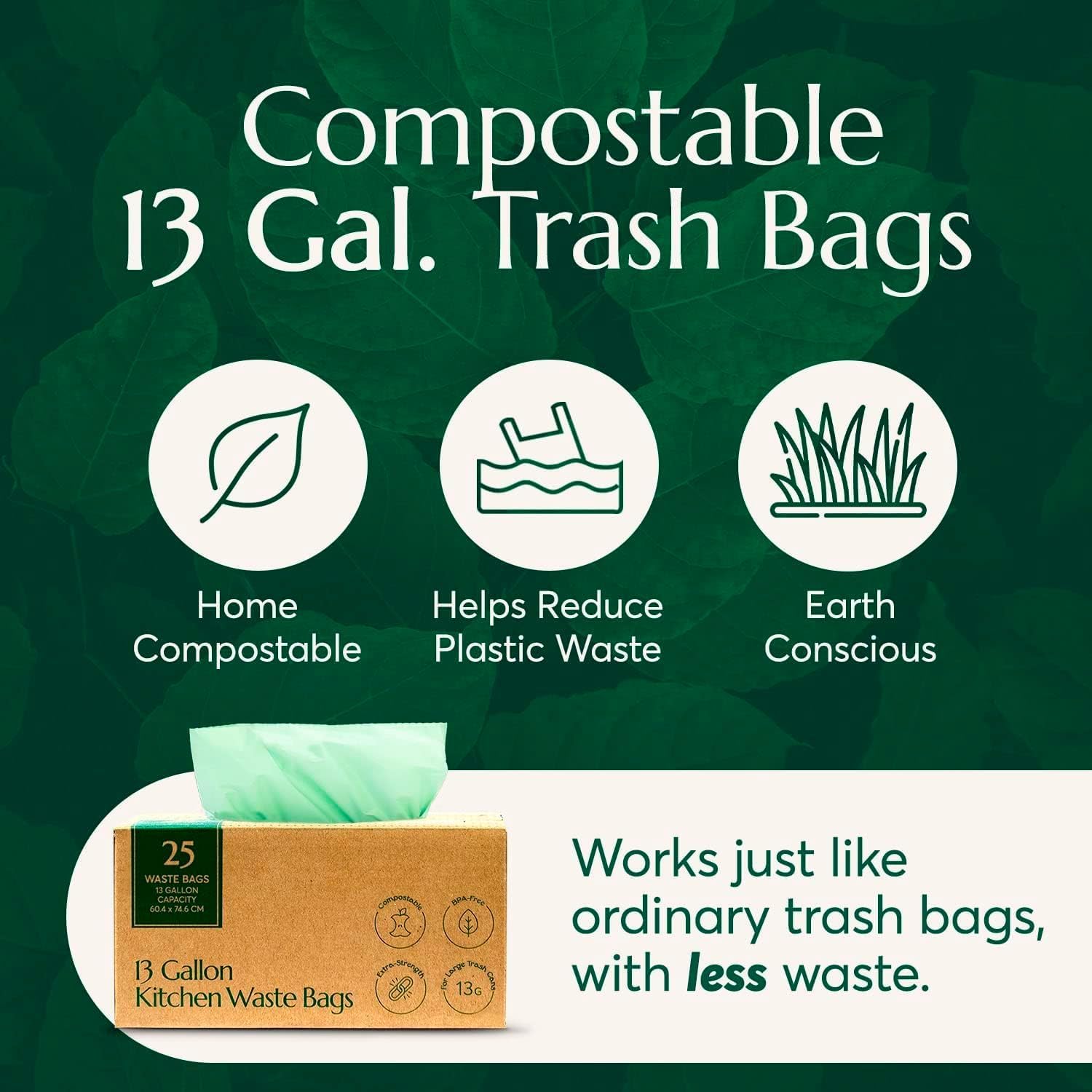 Cleanomic Compostable* 13 Gallon Trash Bags with Drawstring (2 Pack, 50 Count), BPI Certified For Kitchen Compost