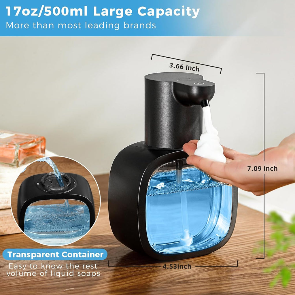 Automatic Foaming Soap Dispenser, 17oz/500ml Touchless Rechargeable with 4-Level Adjustable & IPX5 Waterproof - Level Display for Wall/Tabletop Use in Bathroom, Kitchen, Black
