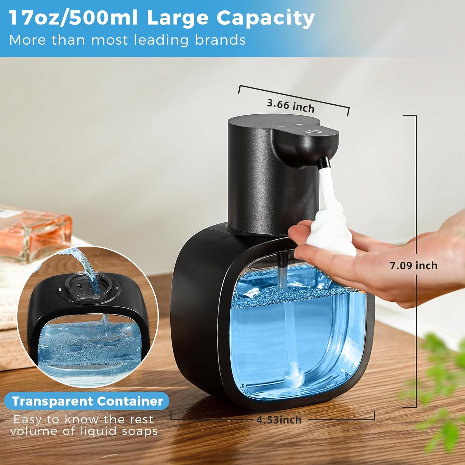 Automatic Foaming Soap Dispenser, 17oz/500ml Touchless Rechargeable with 4-Level Adjustable & IPX5 Waterproof - Level Display for Wall/Tabletop Use in Bathroom, Kitchen, Black