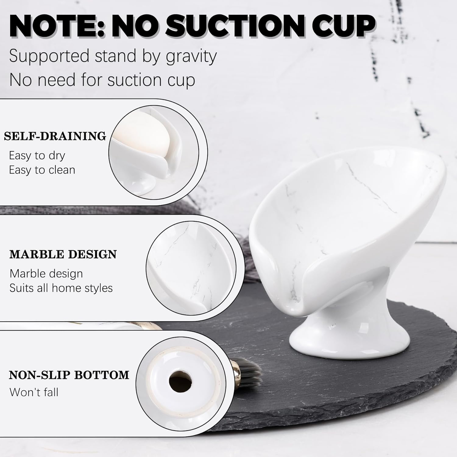 Soap Dish, Self Draining Bar Soap Holder for Bathroom Sink, Leaf Shaped Drainage Ceramic Marble Porcelain Decorative Soap Dish, No Suction Cup, ANTIS'S HOME