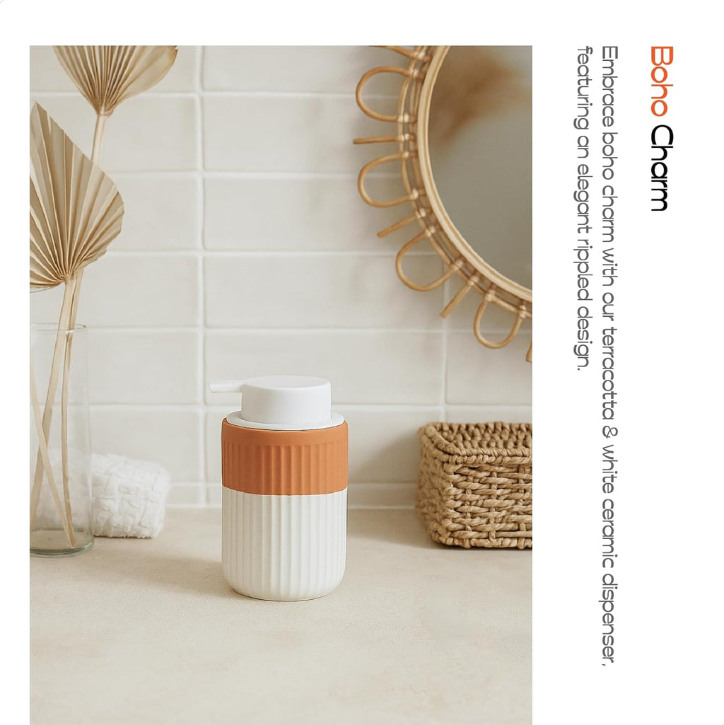 Hand Dipped Terracotta Ceramic Foam Soap Dispenser, 12 oz Rippled Bubble-Up Bottle with White Silicone Pump, Refillable Orange Hand Soap Dispenser for Bathroom