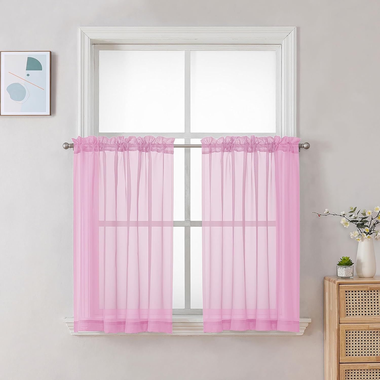 Chyhomenyc Pink Sheer Curtains 30 inch Length 2 Panels, Light Filtering Voile Rod Pocket Short Window Curtians for Bathroom Living Room Farmhouse Small Windows, 42Wx30L inches