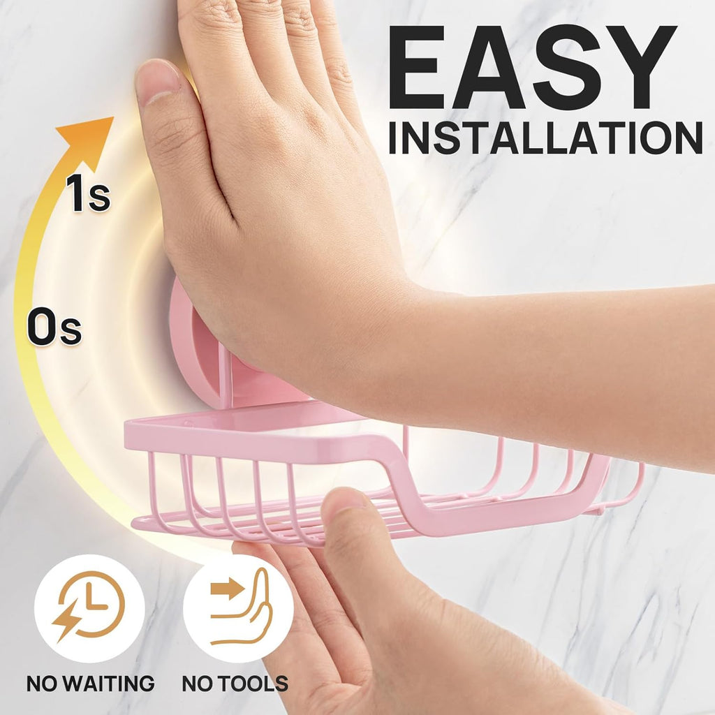 LEVERLOC Soap Dish, Soap Bar Holder for Shower Suction Cup Wall Mounted, Stainless Steel No-Drilling Removable Waterproof Sponge Holder for Bathroom Bathtub Kitchen Sink, Keep Dry, Pink