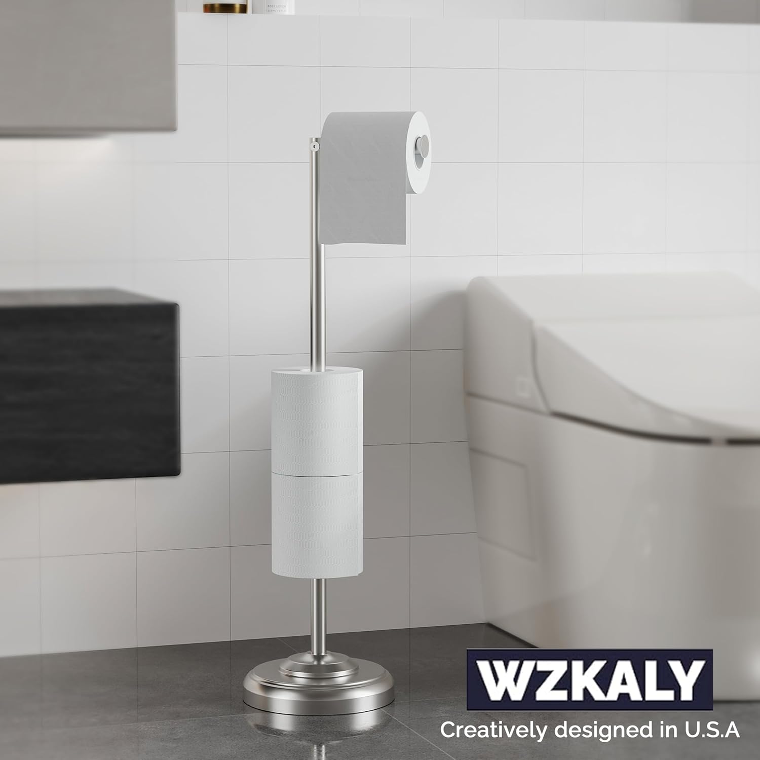 Toilet Paper Holder Stand with Storage – 4 Extra Rolls –Brushed Nickel Toilet Paper Holder for Bathroom – Sturdy Base, Classic Retro Style, Space-Saving Bathroom Storage Organizer, Sliver