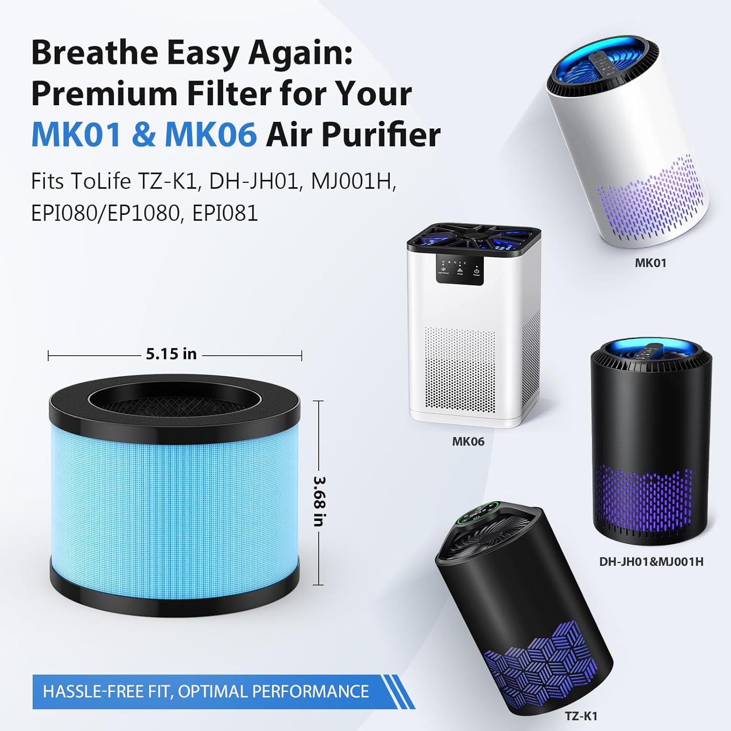 3 Pack MK01 MK06 Air Filter Replacement Compatible with Aroeve MK01, MK06, ToLife TZ-K1 and Kloudi DH-JH01 Air Purifier, Standard Version