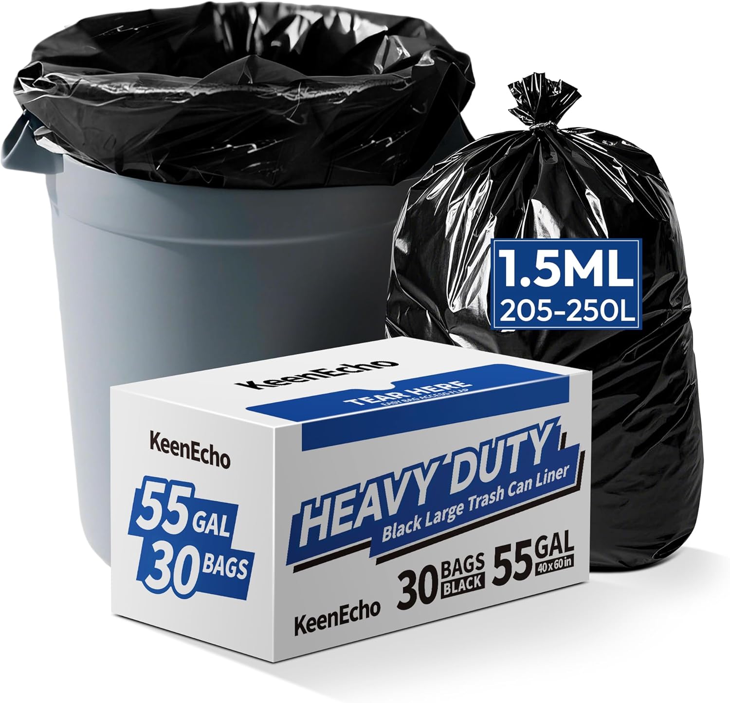 Heavy Duty Contractor Trash Bags 55-60 Gallon, 30 Count, 1.5Mil Extra Thick, Strong Black Garbage Bags, Leakproof Star Seal for Construction, Yard, Demolition Debris