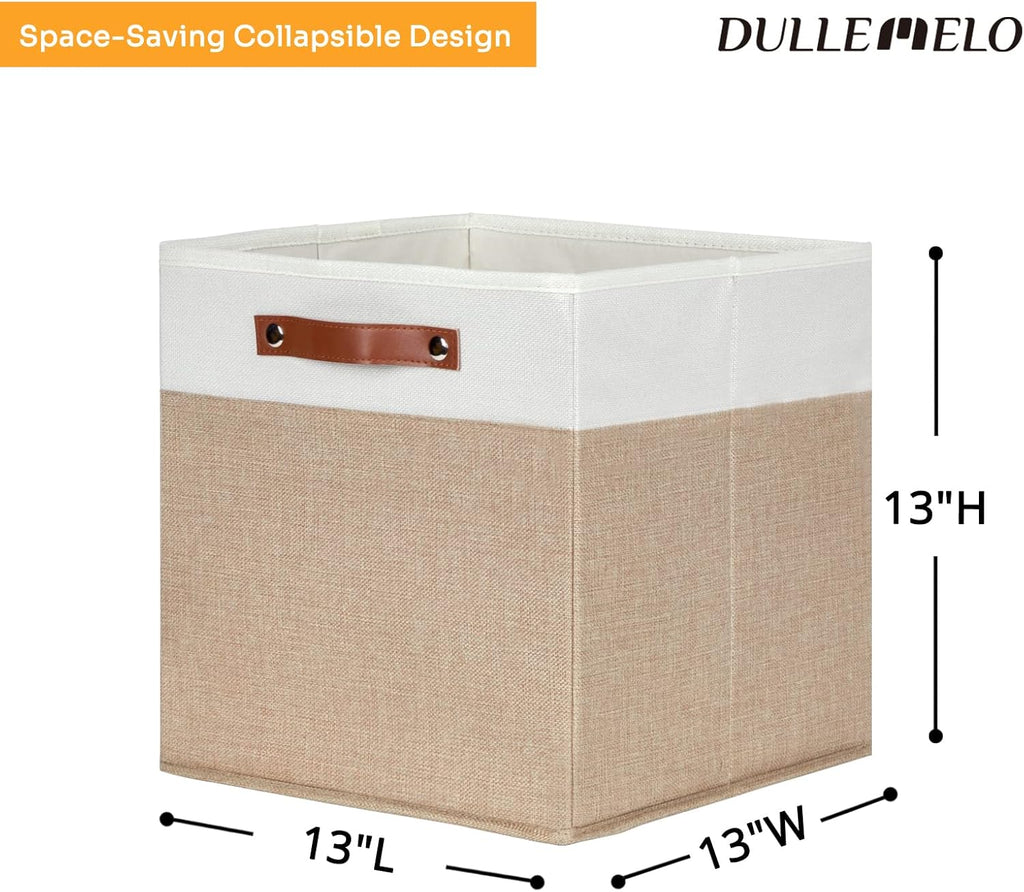 DULLEMELO Cube Storage Bins,13 x 13 x 13 inch Fabric Storage Cubes for Organizing,Collapsible foldable Linen Canvas Closet Storage Bins for Shelves Closet Bedroom Toys Home Office(White&Khaki-4 Pack)