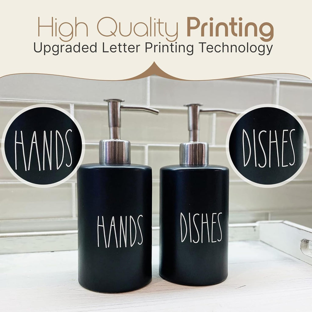 Modern Farmhouse Ceramic Dishes and Hands Soap Dispenser Set for Kitchen | Stainless Steel Pumps | 14oz, Black Bottles | Kitchen Décor for Counter