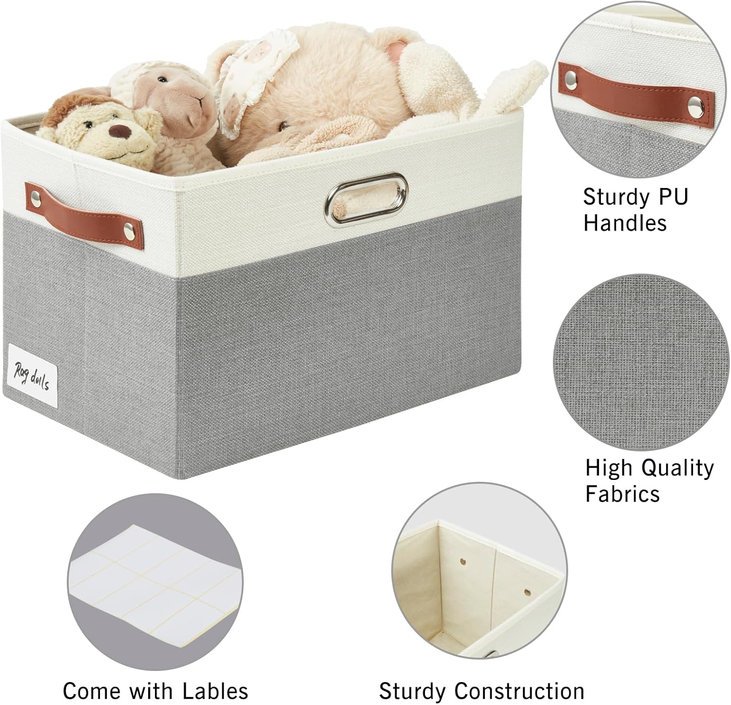 Large Collapsible Fabric Storage Bins with 3 Handles, Foldable Organizer Baskets for Closet, Shelves, Living Room | 3 Pack, Durable PU & Metal Handles (14.9"x9.8"x9.8", Gray & White)