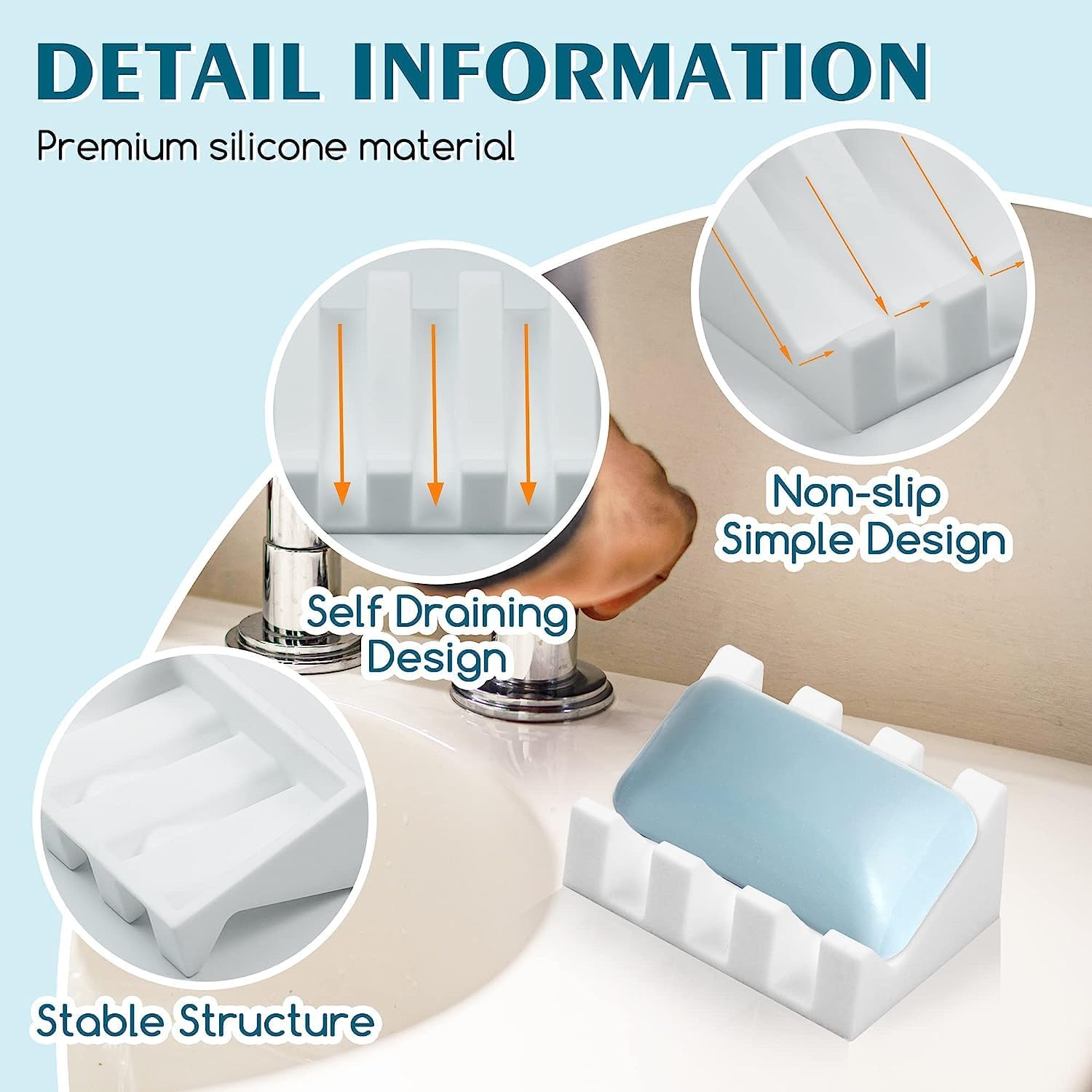 Silicone Soap Dish for Bar Soap Holder for Shower Bathroom Self Draining Waterfall Drying Tray Keep Soap Bars Dry Clean & Easy Cleaning (White, 1)