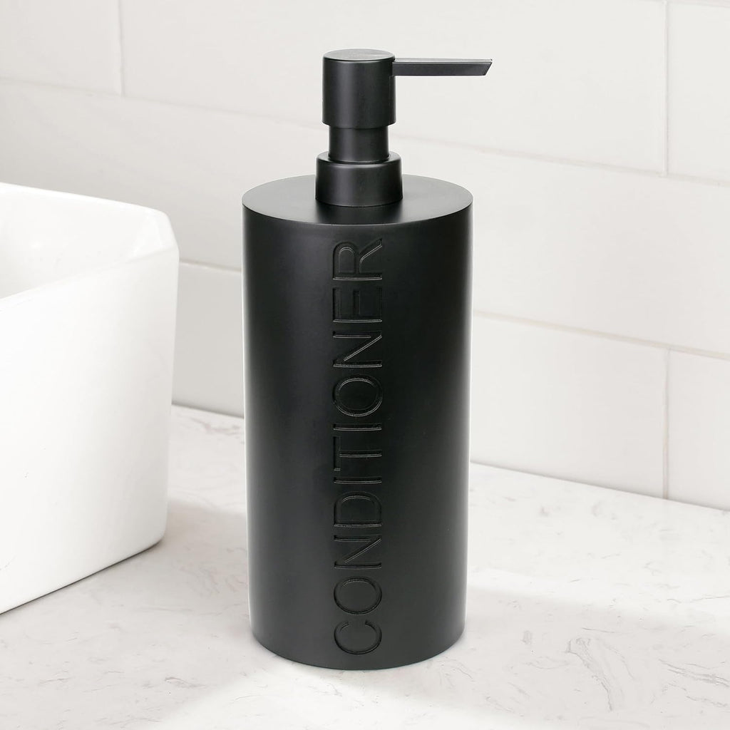 Matte Black Conditioner Dispenser Luxurious Refillable Pump Bottle with Black Resin Pump and Embossed Text, Durable Design for Bathroom and Shower