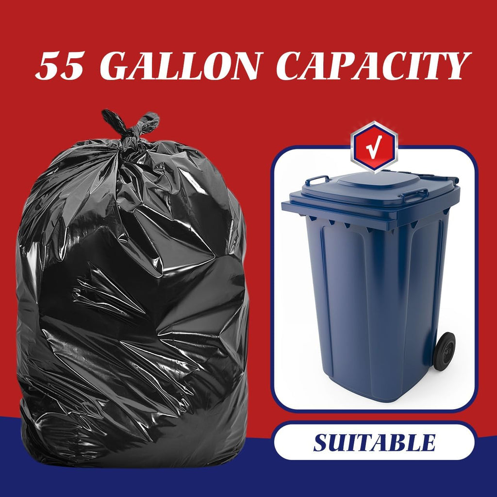 Teivio 55-60 Gallon Black Trash Bags | 170 Bags Extra Large Multi-Use Heavy Duty Commercial Garbage Bags | Lawn And Leaf Bags | Outdoor Yard Waste Bag | Contractor Workshops Trash Bin Liner