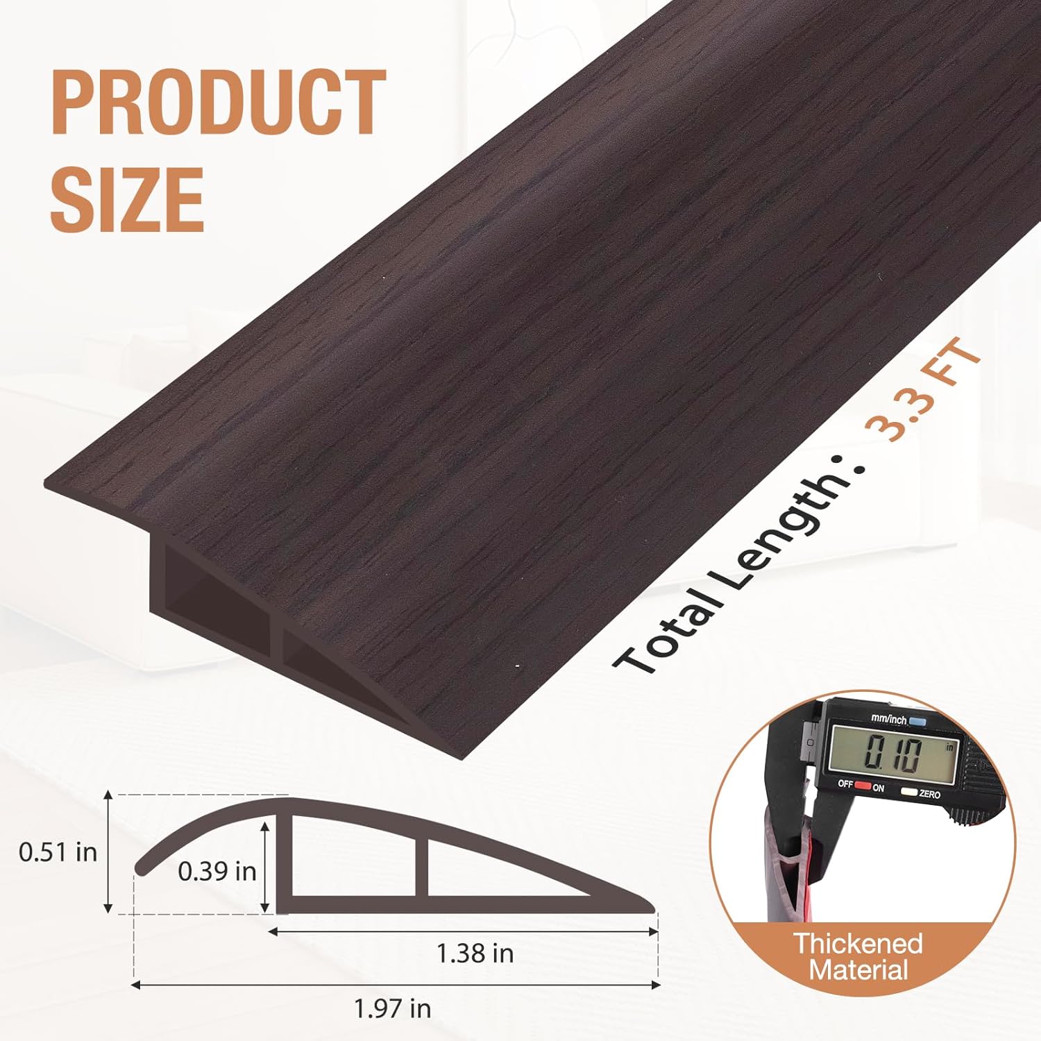 Floor Transition Strip Self Adhesive Vinyl Door Threshold for Doorways Carpet Edging Trim Overlap Edge Reducer for Laminate Floor, Carpet, Tile (Dark Walnut Grain, 1/5" to 2/5", 3.3Ft)