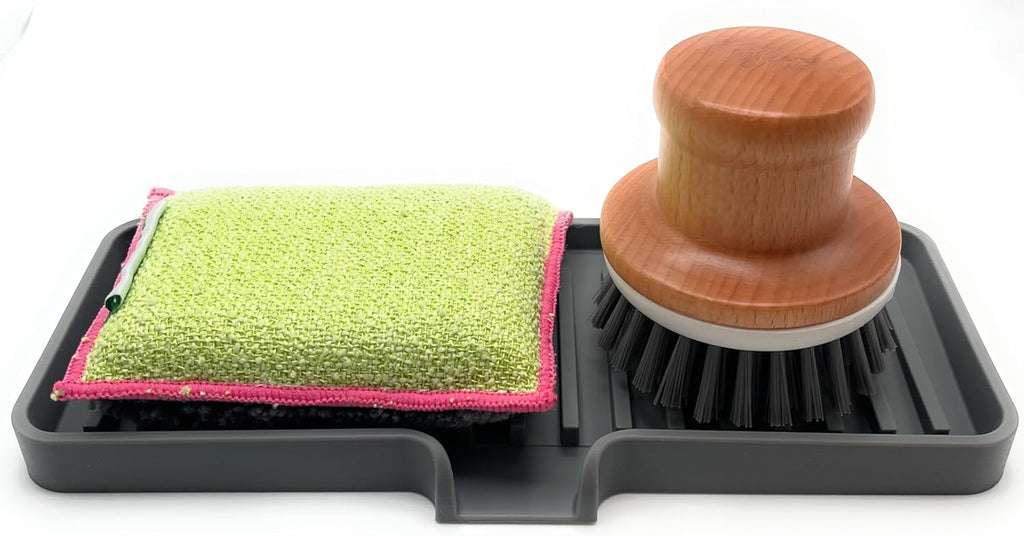 Happitasa Silicone Soap Dish Tray and Sponge Holder with Drain Chute | Bathroom and Kitchen Sink Organizer Caddy (Grey, 9"x3.5", 5.6 Ounces)