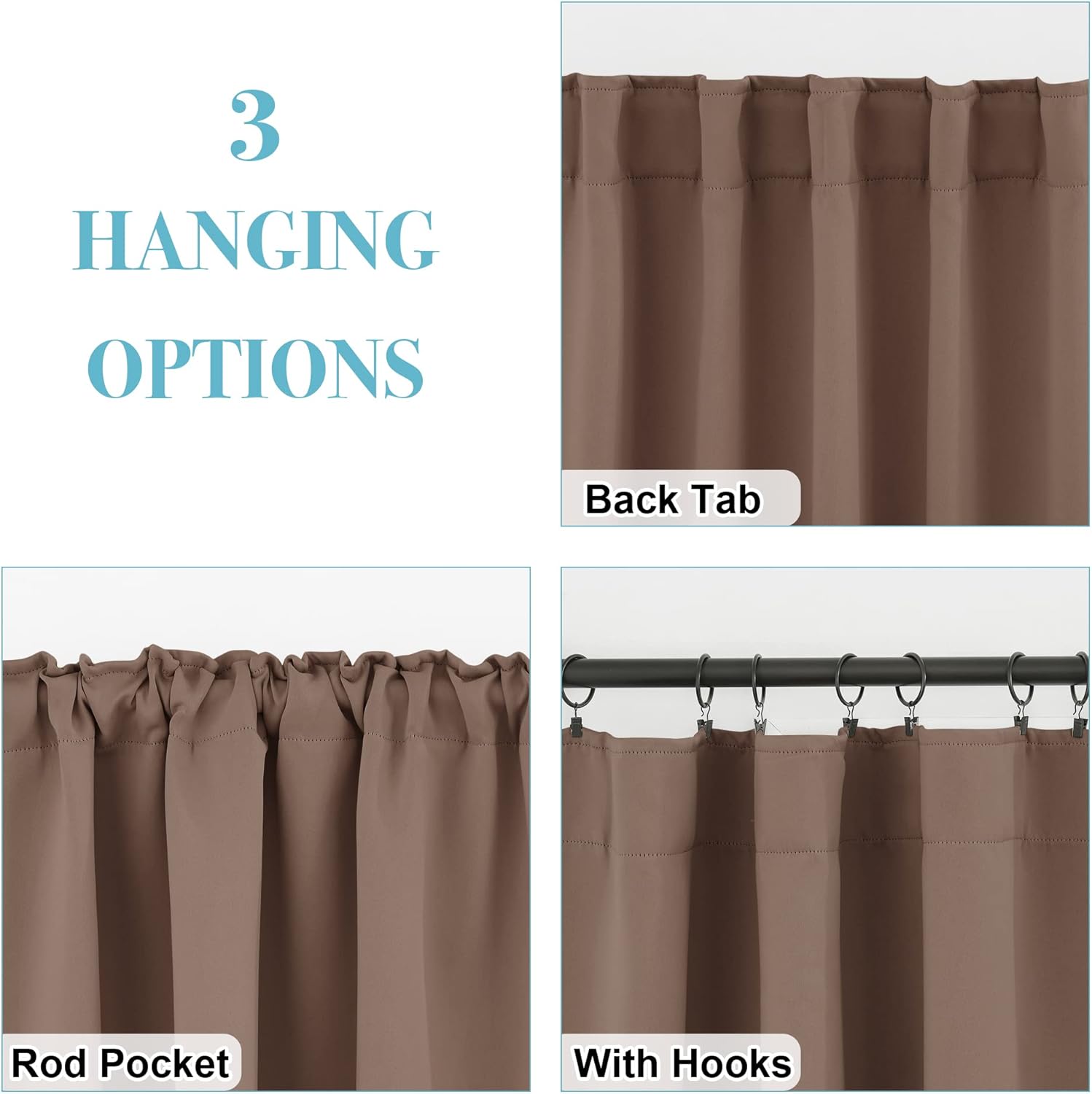 RYB HOME Kitchen Window Curtains - Blackout Privacy Half Window Curtains for Bedroom Bathroom Dining Living Room Cafe Office Short Tiers Drapes, W 34 x L 36 inches, 2 Panels, Mocha