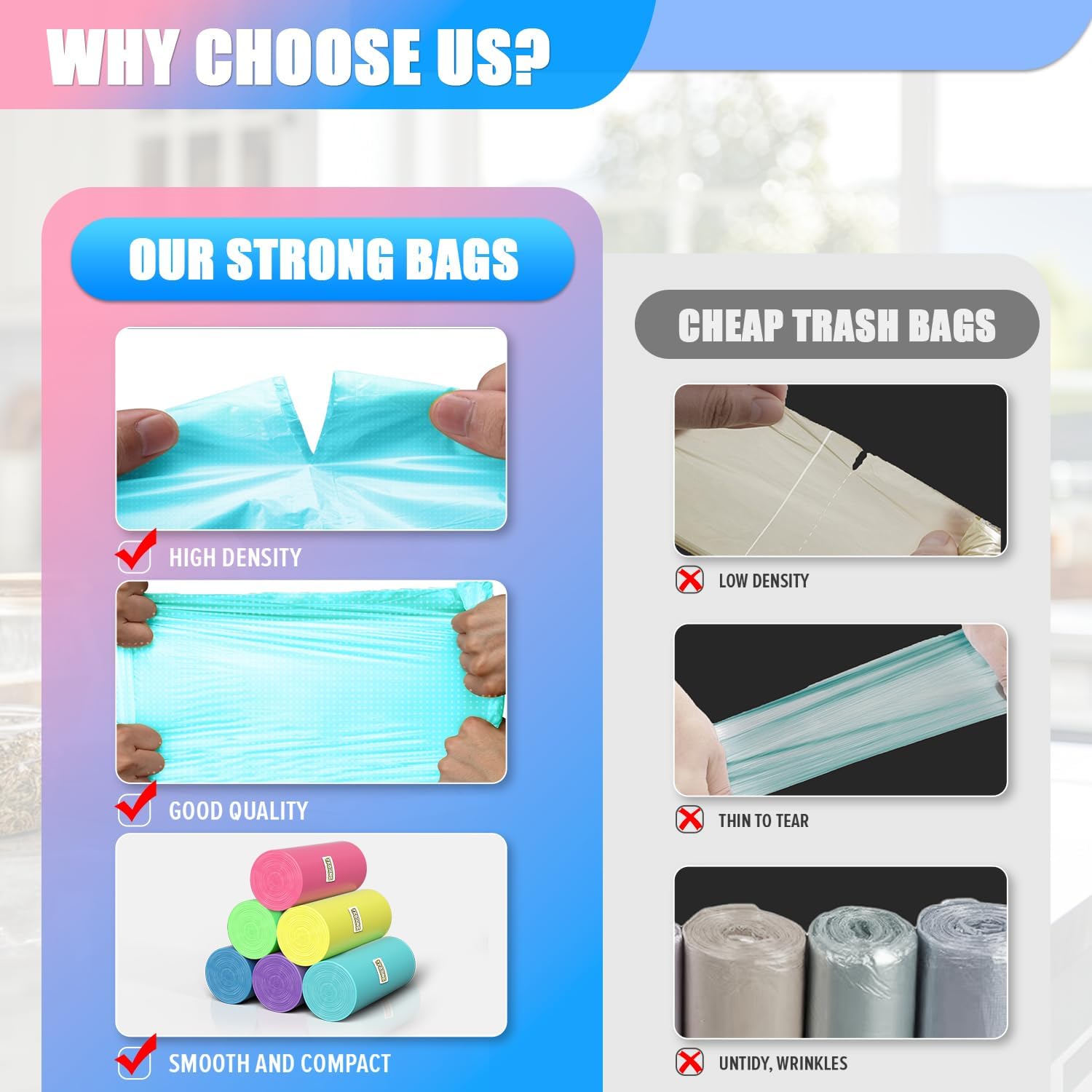 300 Count 2 Gallon Trash Bags - 7.5 Liter Colored Small Garbage Bags Unscented Wastebasket Liners Heavy Duty & Leakproof Mini Can Liners for Bathroom Office Home Car