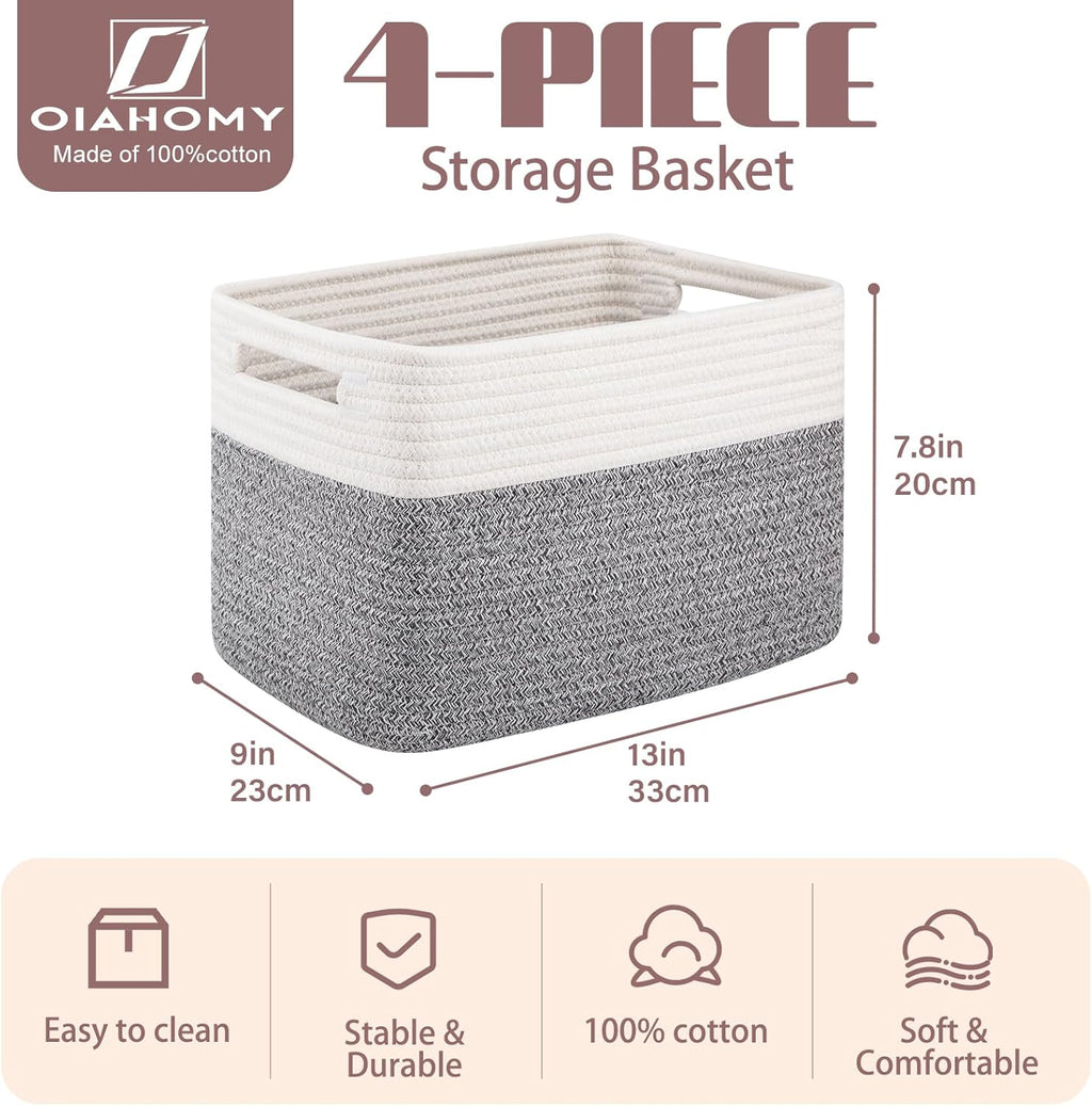 OIAHOMY 4 Pack Storage Baskets for Organizing, Basket for Shelves with Handle, Woven Baskets for Storage Toys, Towels, Books, Cotton Rope Basket 13" L x 9 " W x 7.8 " H, Grey & White