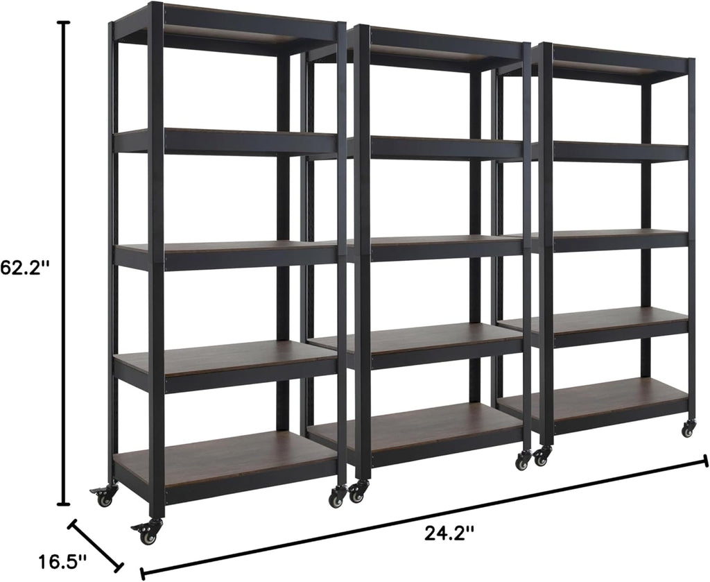 HOMEDANT House 5-Tier Metal Rolling Cart Shelf Rack Casters Heavy Duty Laminated Wheel Shelving Unit Adjustable Utility Storage Shelves Organizer Shelf Kitchen Garage 24.4" W x 16.5" D x 62.2" H 3Pack