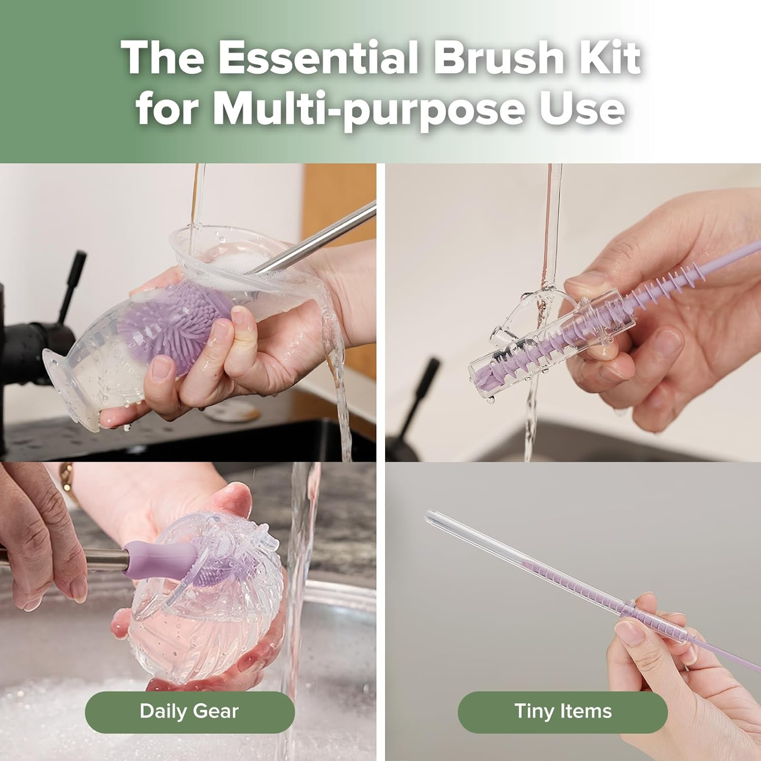 haakaa Silicone Cleaning Brush Kit - Baby Bottle Brush Cleaner for Breast Pump,Nipple,Breast Milk Storage Bag,Reusable Straw,Sippy Cup - Food Grade Silicone Bristles, Portable - 3 Pcs - Lavender