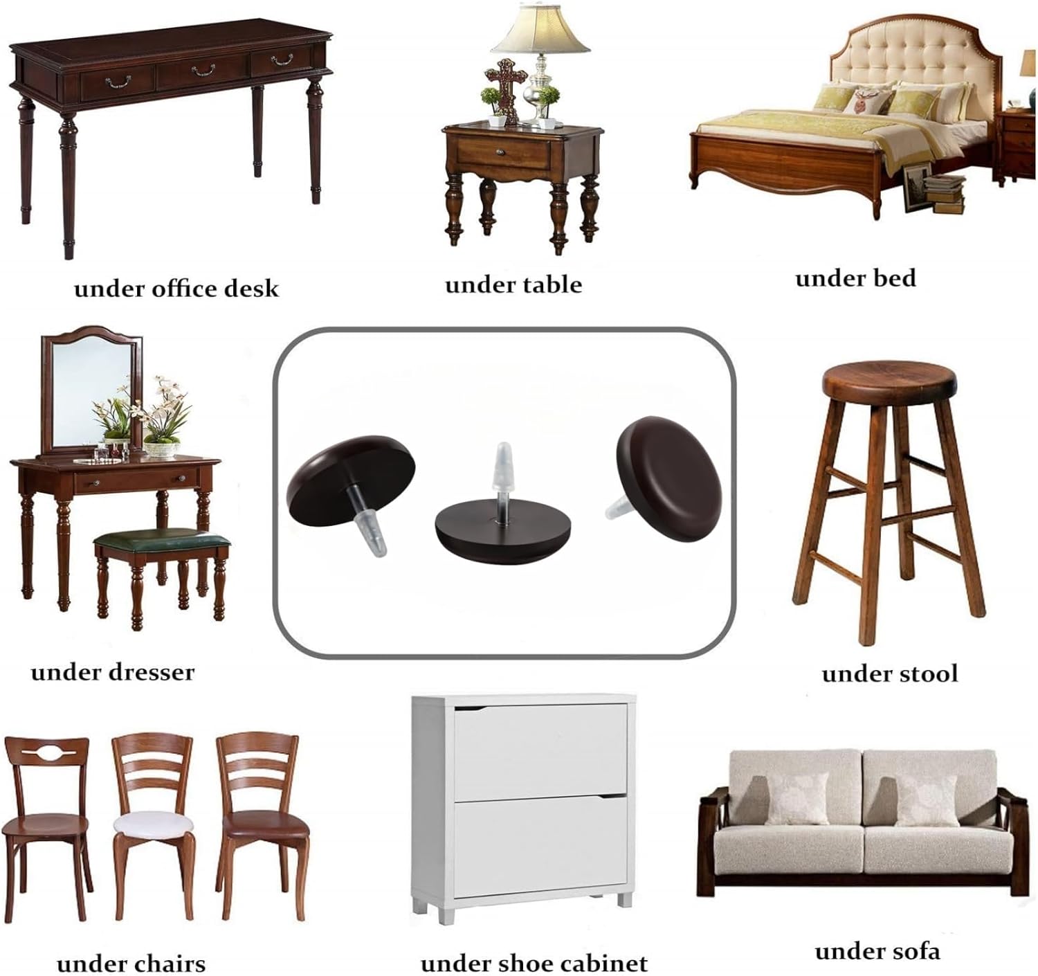 1" Nail on Furniture Sliders (24 Pack) - Furnigear Heavy Duty PTFE (Teflon) Chair Sliders Glides Wooden Furniture Movers Move Your Furniture Easily & Safety - Best Chair Leg Floor Protectors Brown