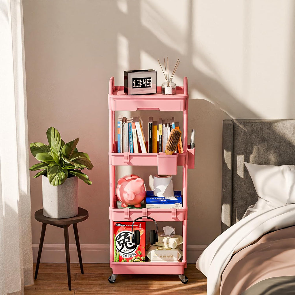 4 Tier Rolling Cart Organizer,Art Craft Diaper Bedside Snack Laundry Room Bathroom Organizer Narrow Thin Slim Rolling Trolley Utility Cart with Wheels for Kitchen,Office(Pink)