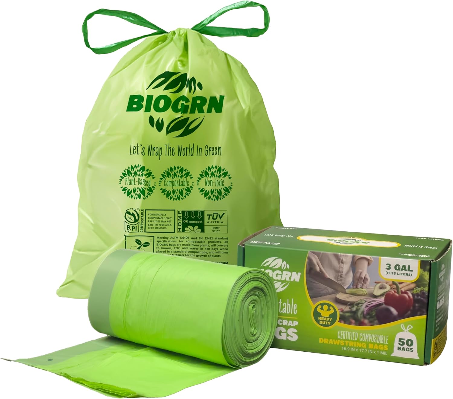 2.6-3 Gallon Compostable Trash Bags Drawstring 50 Bags Extra Thick 1 Mil 11.36 Liter Small Biodegradable Trash Bags for Kitchen Countertop Bin ASTM D6400, US BPI and OK Compost Home Certified