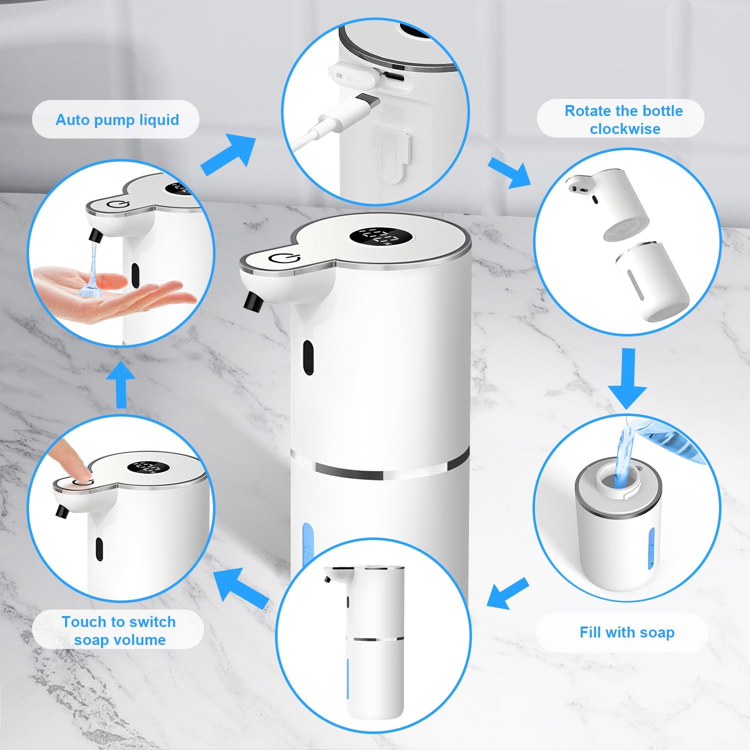 Automatic Liquid Soap Dispenser,6 Level Adjustable Liquid, Wall Mount Soap Dispenser,USB Rechargeable with LED Display,12.8oz/ 380ml Touchless Hand & Dish Dispenser for Bathroom, Kitchen