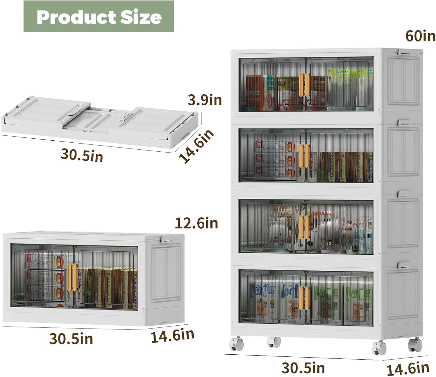 100Gal Stackable Plastic Storage Bins with Lids, Collapsible Closet Organizers and Storage with Wheels for Living Room,Office,Dorm, 30.5" W x 14.6" D x 60" H, 4 Tier