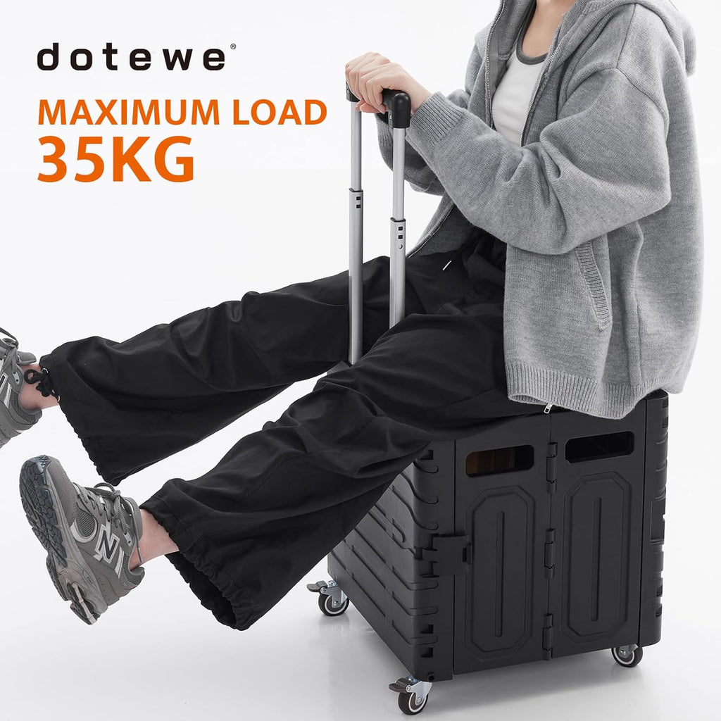 Folding Utility Cart Black Portable Rolling Crate Handcart Foldable Shopping Trolley Collapsible, with Lid, on Wheels, for Grocery, Garden, Office, Storage, Teacher, Tool (Black)