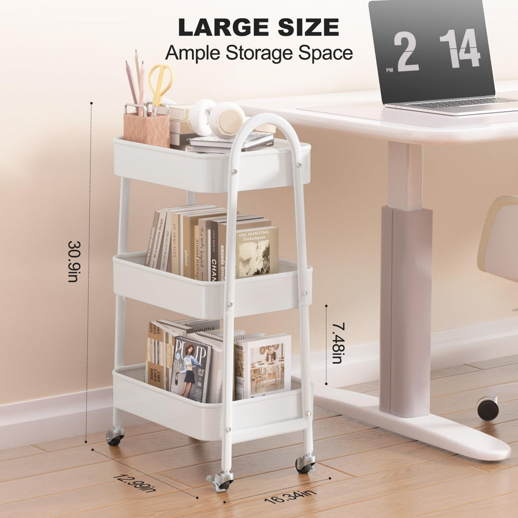 EAGMAK 3 Tier Rolling Cart Under Desk, Large Metal Storage Cart with Handle and Lockable Wheels, Big Multifunctional Storage Organizer Trolley for Kitchen, Living Room, Office, Garage (White)