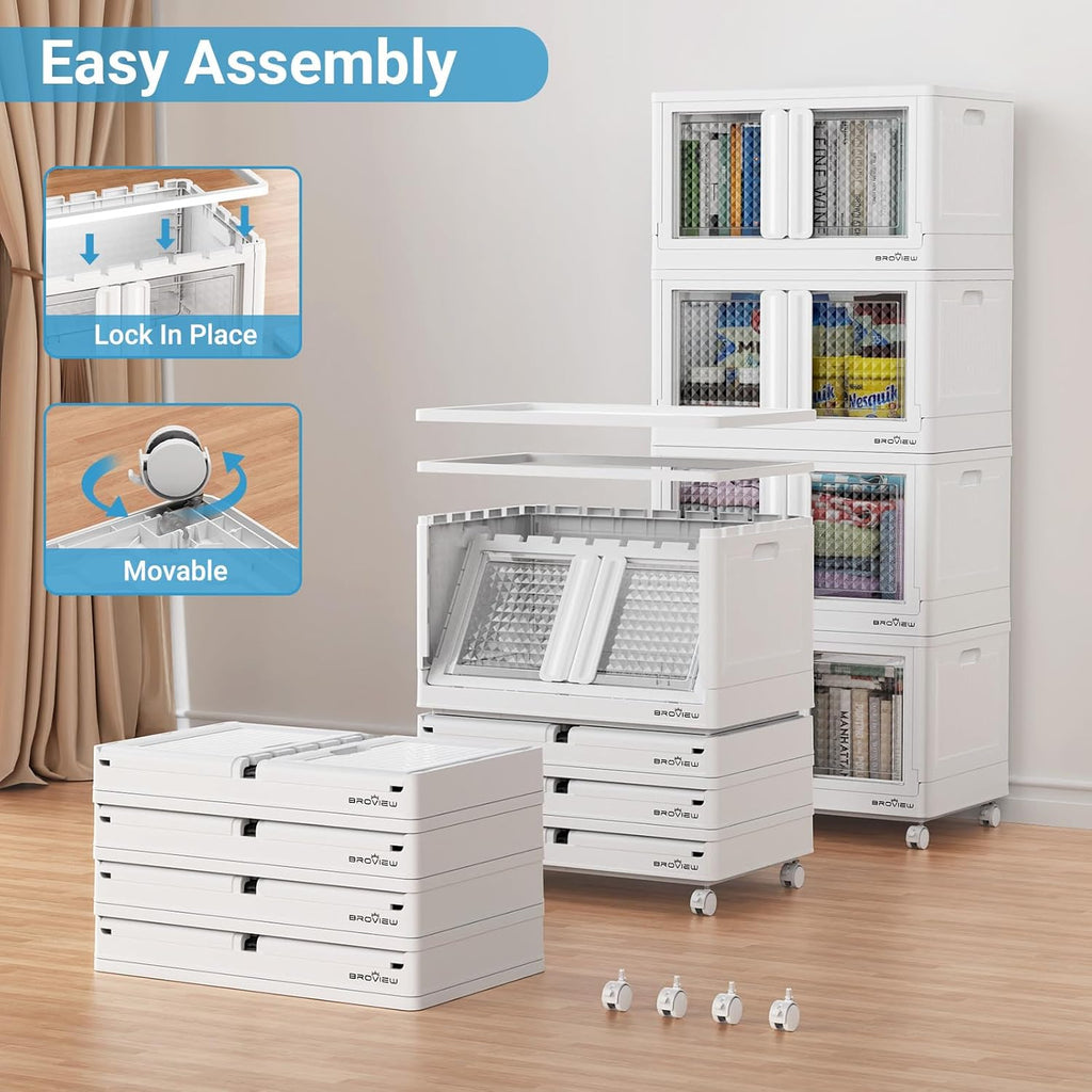 BROVIEW 300 Qt Stackable Storage Bins with Lids & Doors, 3 Pack Plastic Closet Organizer and Storages Drawers with Wheels, Large Collapsible Storage Boxes, Cabinet for Home, Office, V10, White