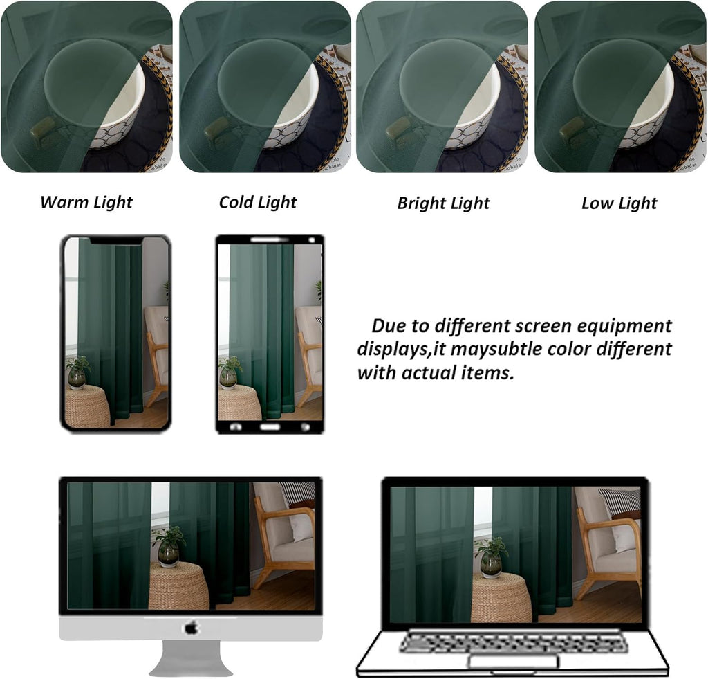 Chyhomenyc Hunter Green Sheer Curtains 36 inch Length 2 Panels, Light Filtering Voile Rod Pocket Short Window Curtians for Bathroom Living Room Farmhouse Small Windows, 42Wx36L inches