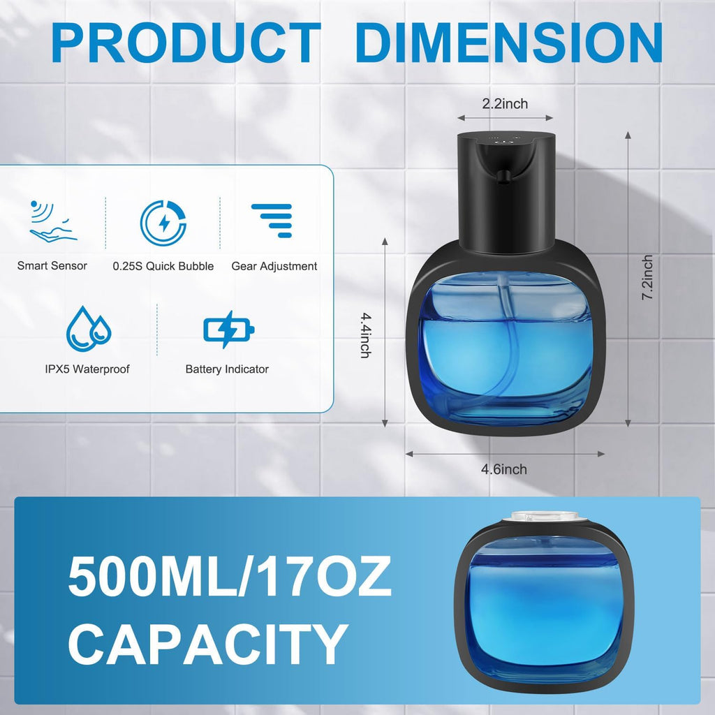 Automatic Foaming Soap Dispenser with 500ml/17oz Capacity, Touchless Soap Dispenser with 4 Level Adjustable, Rechargeable, Wall-Mounted, Waterproof for Kitchen, Bathroom, Hotel, Restaurant