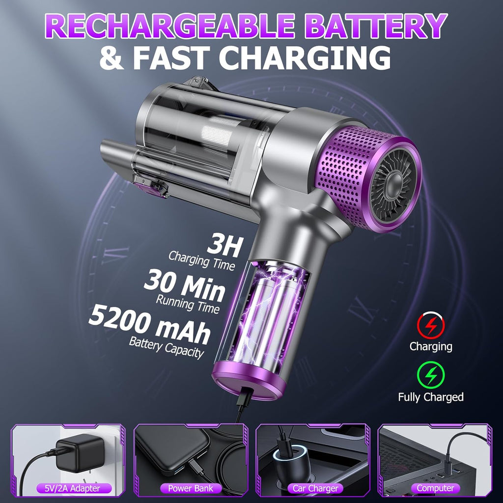 EYYA Handheld Car Vacuum Cleaner Cordless, 16000PA Powerful Hand Held Vacuum Cordless Rechargeable, 4-in-1 Portable Mini Vacuum & Air Duster with Multi-Nozzles and LED Light for Car Home Office