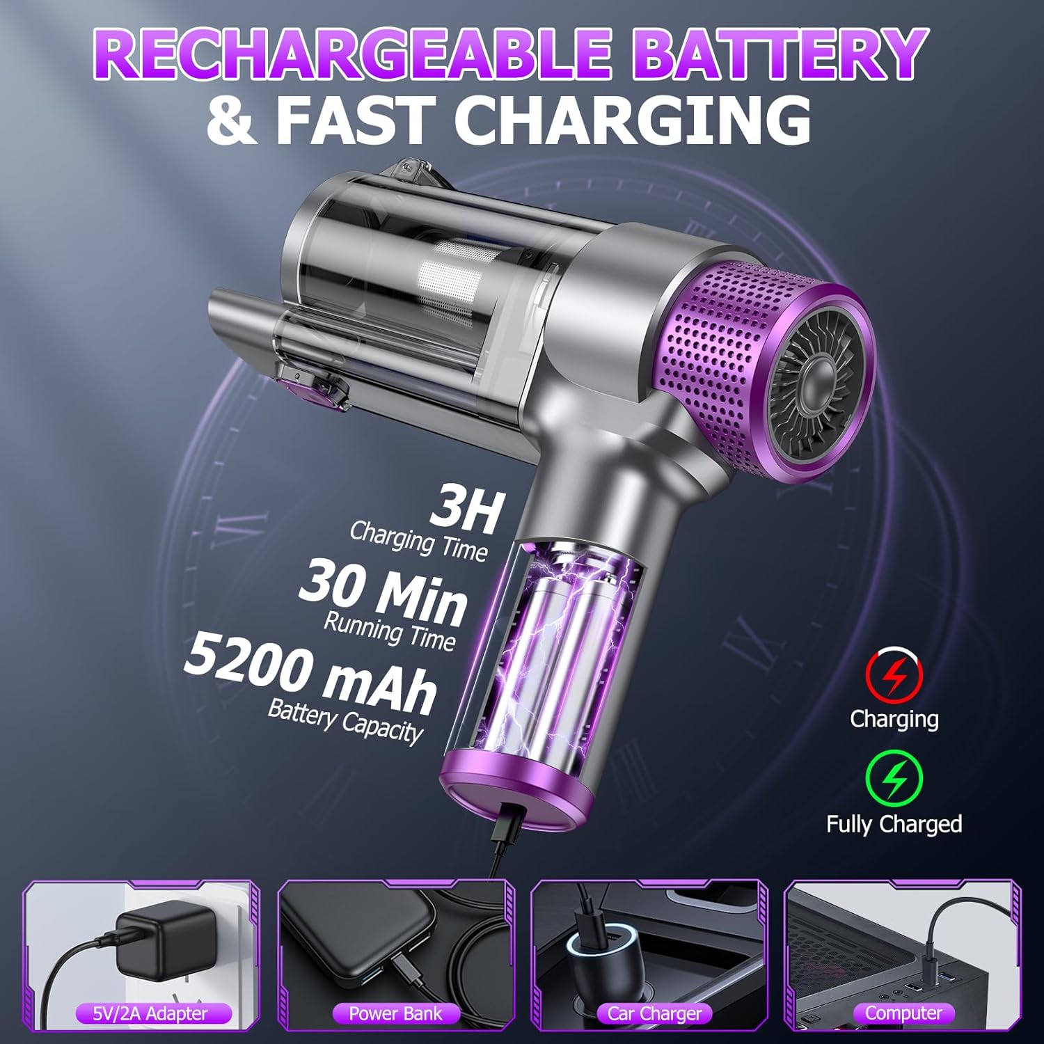 EYYA Handheld Car Vacuum Cleaner Cordless, 16000PA Powerful Hand Held Vacuum Cordless Rechargeable, 4-in-1 Portable Mini Vacuum & Air Duster with Multi-Nozzles and LED Light for Car Home Office