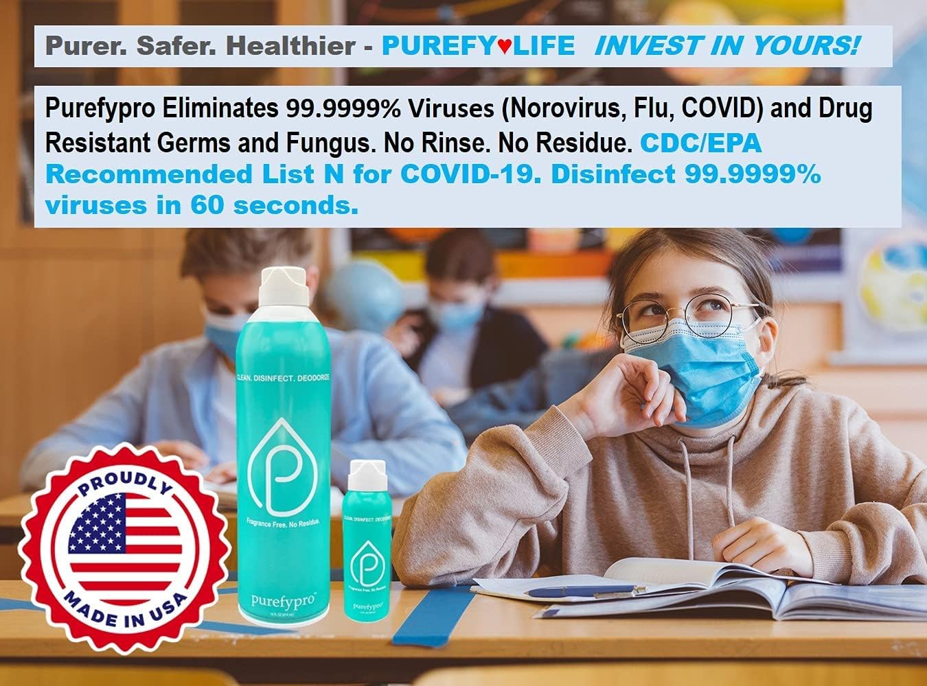 Purefypro Disinfectant Airesol Spray (14oz, 2 Pack) Eliminate 99.9999% Norovirus, HIV, Hepatitis, Flu, Monkeypox Viruses, MRSA, VRE, E Coli, Fungi. No Residue. No Rinse. Suitable for All Surfaces.