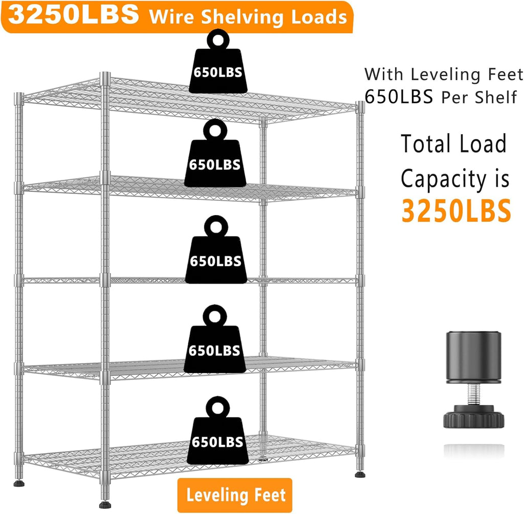 Himimi 60" W Storage Shelves, 5-Tier Wire Shelving with Wheels 3250LBS Heavy Duty Metal Shelves for Storage, Adjustable Wire Rack Shelving for Garage Kitchen Pantry 24" Dx60 Wx82 H, Silver