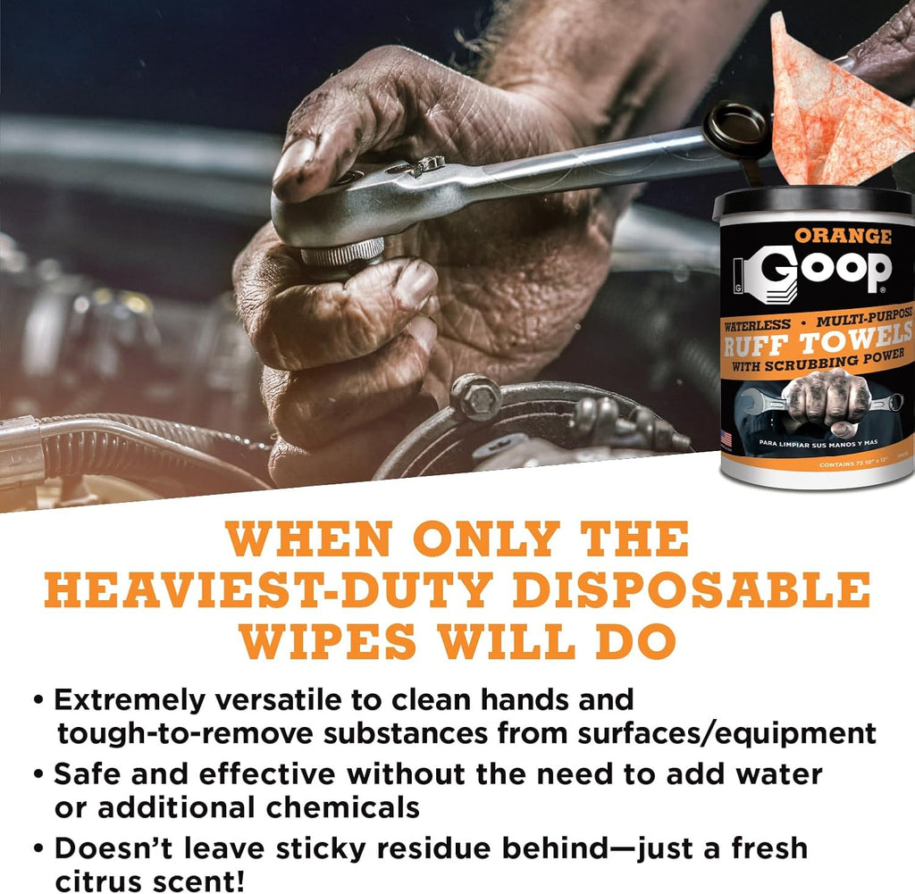 GOOP Orange Heavy Duty Ruff Towels with Scrubbing Power, 10” x 12” Dual Textured Multi-Purpose Cleaning Wipes, Removes Dirt, Grease, Oil, 72 Count (Pack of 2)