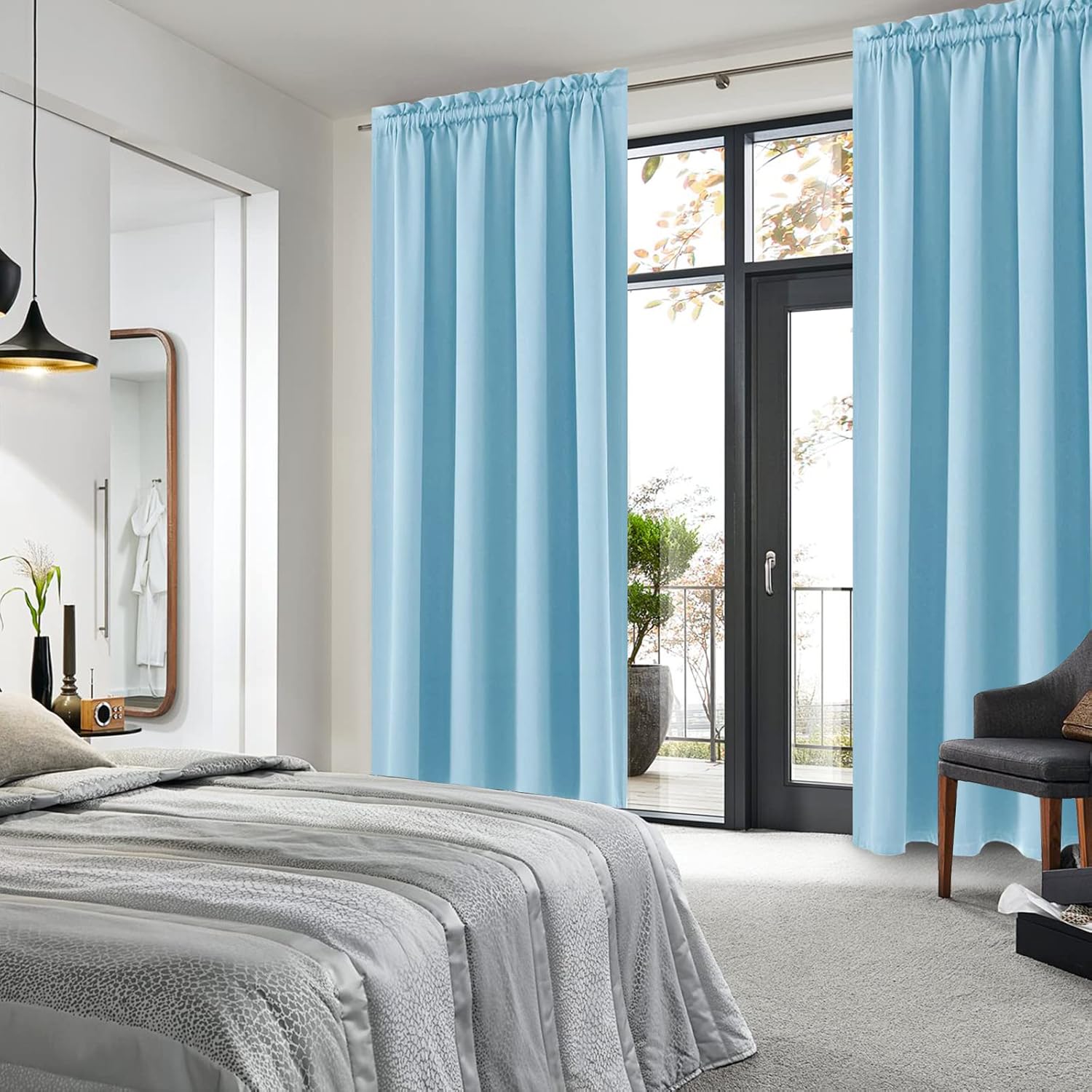 DWCN Blackout Curtains Room Darkening Thermal Insulated Bedroom Curtains Window Curtain Panels, 52 x 84 inches Long, Set of 2 Light Blue Rod Pocket Drapes