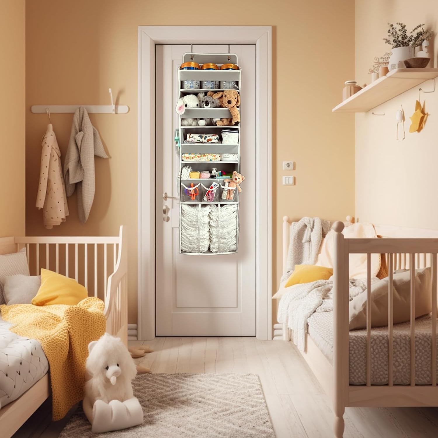 Door Hanging Storage Organizer,with 3 Bins 1 Movable Baby Diaper Caddy,1 Large capacity diaper stacking storage Organizer,10 Side Pockets ,Bedroom Door Storage for Nursery Baby Essentials.Grey 1 Pack.