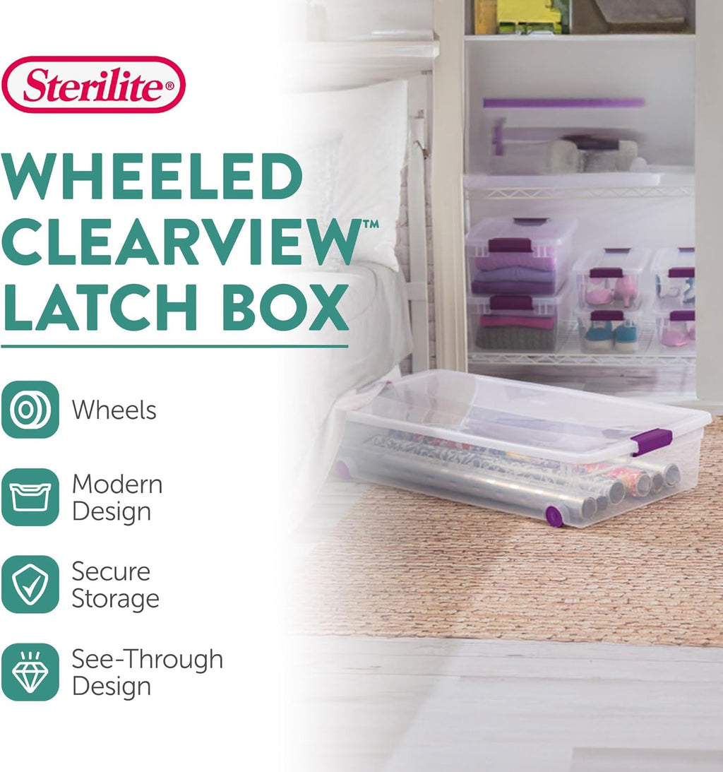 Sterilite 12-Pack ClearView Latch Box, Wheeled Underbed Organizer Bins for Home, 60 Quart