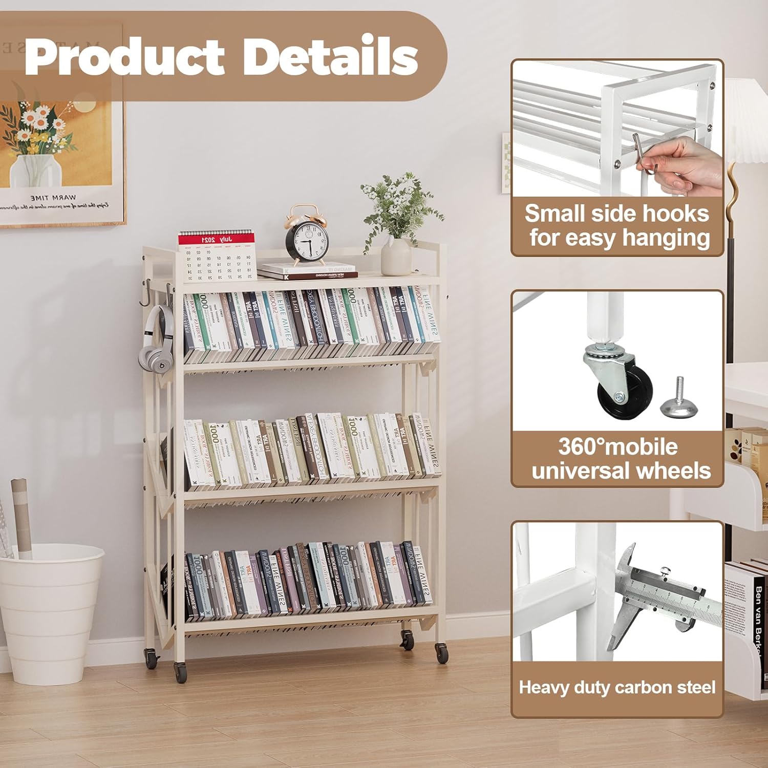 Book Carts 4 Tier 46.5x35.4x9.84 in Rolling Book Cart Large Capacity Bookshelf Storage Rack Mobile Book Storage with Wheels Cart for Home Office Living Room Classroom (White)