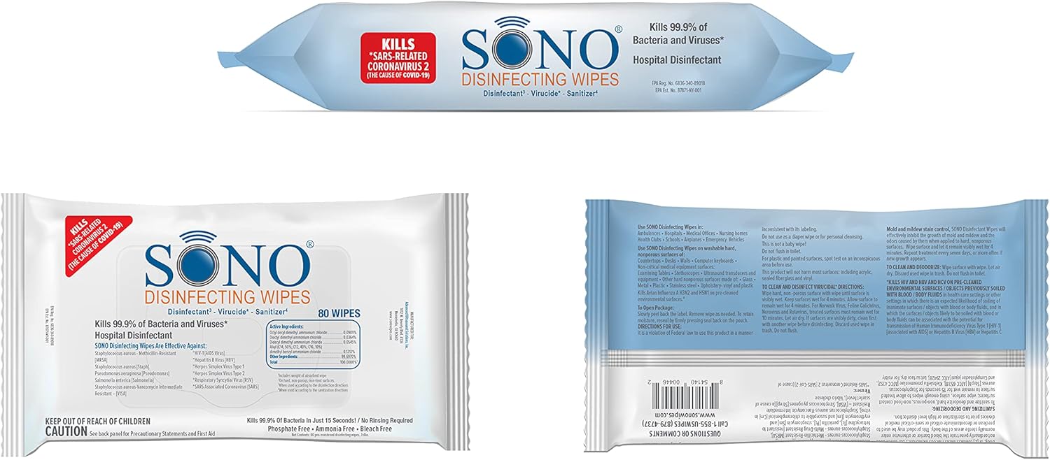 SONO Disinfecting Wipes - Medical-Grade, Alcohol-Free, No Bleach - Multi-Surface Cleaning Wipes for Home, School, Office - 12 packs with 80 wipes