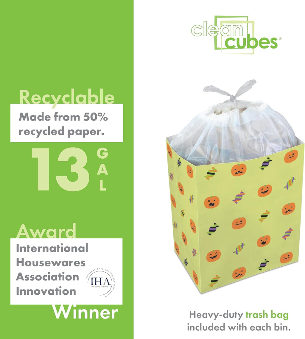 13 Gallon Disposable Pop-Up Trash Cans (3-Pack) with Fitted Bags – Foldable Garbage & Recycling Bins for Parties, Events & Kitchen (Halloween, 17" H x 13.5" W x 10" D)