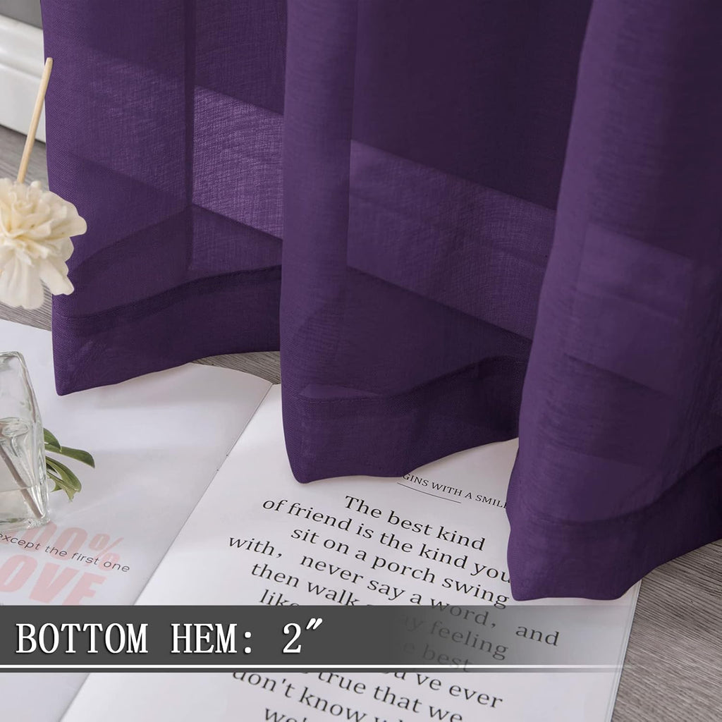 Tollpiz Short Sheer Curtains Linen Textured Living Room Curtain Sheers Light Filtering Rod Pocket Voile Curtains for Bedroom, 42 x 45 inches Long, Royal Purple, Set of 2 Panels
