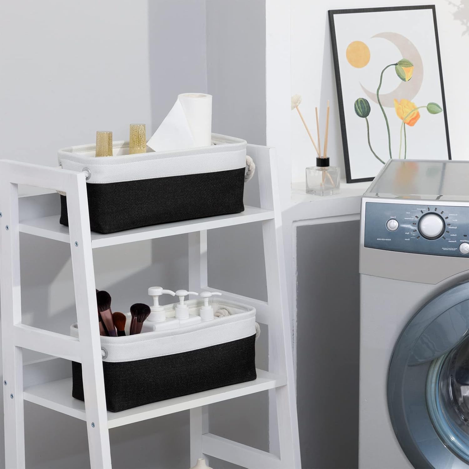 DULLEMELO Toilet Paper Storage Basket, Toilet Paper Basket for Back of Toilet, Bathroom Storage Basket for Cosmetics Towels Toilet Paper, Toilet Tank Basket with Rope Handles for Toilet(White&Black)