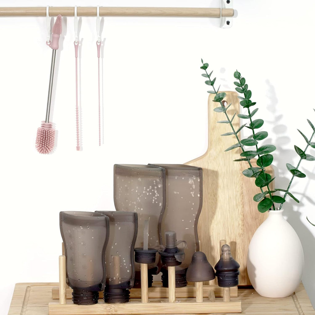 Haakaa Silicone Cleaning Brush Kit - Baby Bottle Brush Cleaner for Breast Pump,Nipple,Breast Milk Storage Bag,Reusable Straw,Sippy Cup - Food Grade Silicone Bristles, Portable - 3 Pcs - Pink