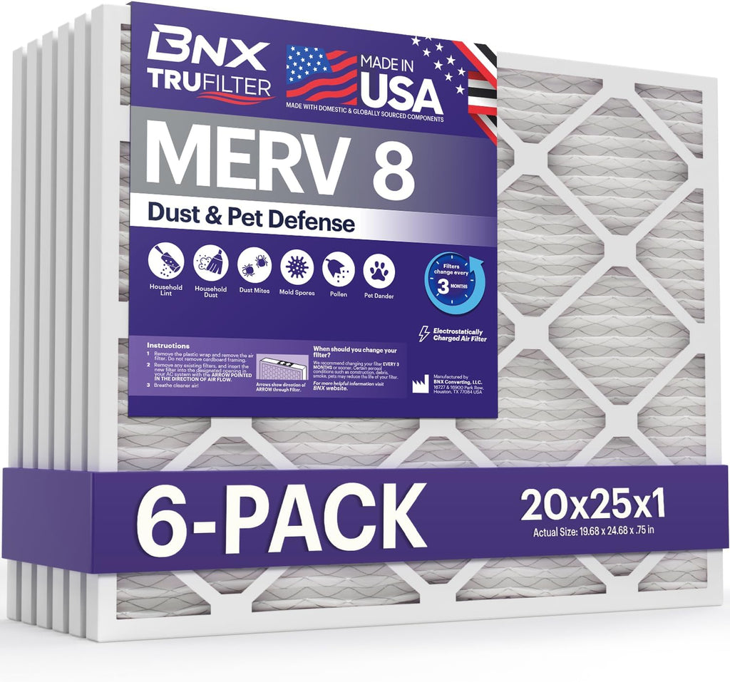BNX TruFilter 20x25x1 Air Filter MERV 8 (6-Pack) - MADE IN USA – Dust & Pet Defense Electrostatic Pleated Air Conditioner HVAC AC Furnace Filters for Dust, Pet, Mold, Pollen MPR 600 – 700 & FPR 5